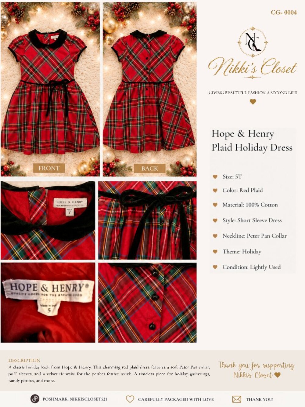 Hope & Henry Red Plaid Holiday Dress | Girls 5T | Peter Pan Collar